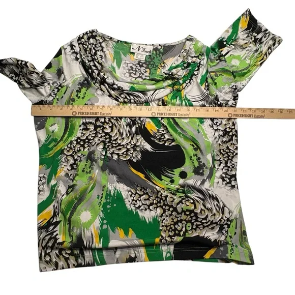 Womens Size Large Green, Yellow, Black, White Swirl Pattern Stretchy Top N Touch - Picture 8 of 14